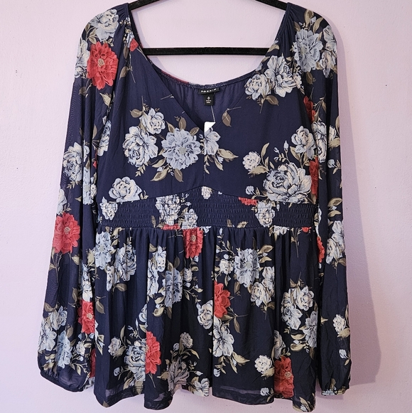 NWT: Torrid Floral Stretch Mesh V-Neck Smocked Waist Babydoll Top, Size Large - Picture 2 of 5